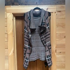 Maternity plaid vest cardigan poncho with faux leather trim and pockets